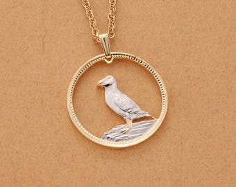 Puffin Pendant and Necklace, Lundy One Puffin coin Hand Cut, 14 Karat Gold and Rhodium, 1 1/8 " Diameter, ( #R 454 )