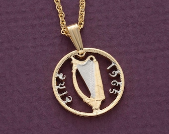 Hand Cut Irish Harp Coin Pendant: 14K Gold Plated Necklace (R 159)