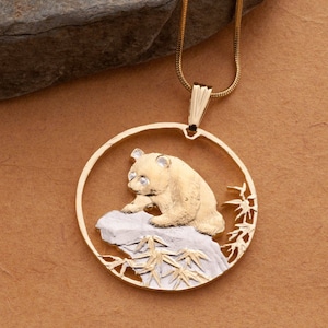 Chinese Panda Bear Pendant and Necklace, Chinese Panda Coin Hand Cut, 14 Karat Gold and Rhodium Plated, 1 1/4&quot; in Diameter, ( #K 879 )