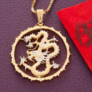 Dragon Pendant and Necklace Jewelry, Sierra Leon Dragon Coin Hand Cut , 14 Karat Gold and Rhodium Plated, 1 1/4 " In Diameter, ( #X 706 )