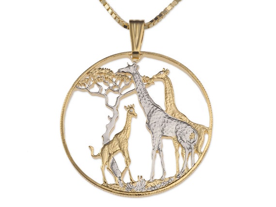 Giraffe Pendant & Necklace, Zambia Coin Hand Cut African Wildlife
