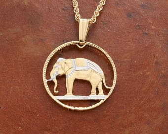 Thailand Elephant Pendant and Necklace, Thailand Elephant Coin Hand Cut, 14 K Gold and Rhodium plated, 3/4" in Diameter, ( #R 297 )