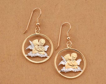 Pendientes de moneda de ángel de la guarda: moneda de Gibraltar tallada a mano, oro de 14 quilates y rodio