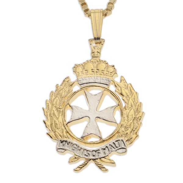 Maltese Cross Pendant and Necklace, Order Of Malta Cross Coin Hand Cut, 14 Karat Gold and Rhodium Plated, 1" in Diameter, ( #R 927 )