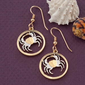 Blue Crab Earrings, Island of Malta, Hand Cut Coin, 3/4&quot;in diameter, (# 840E)