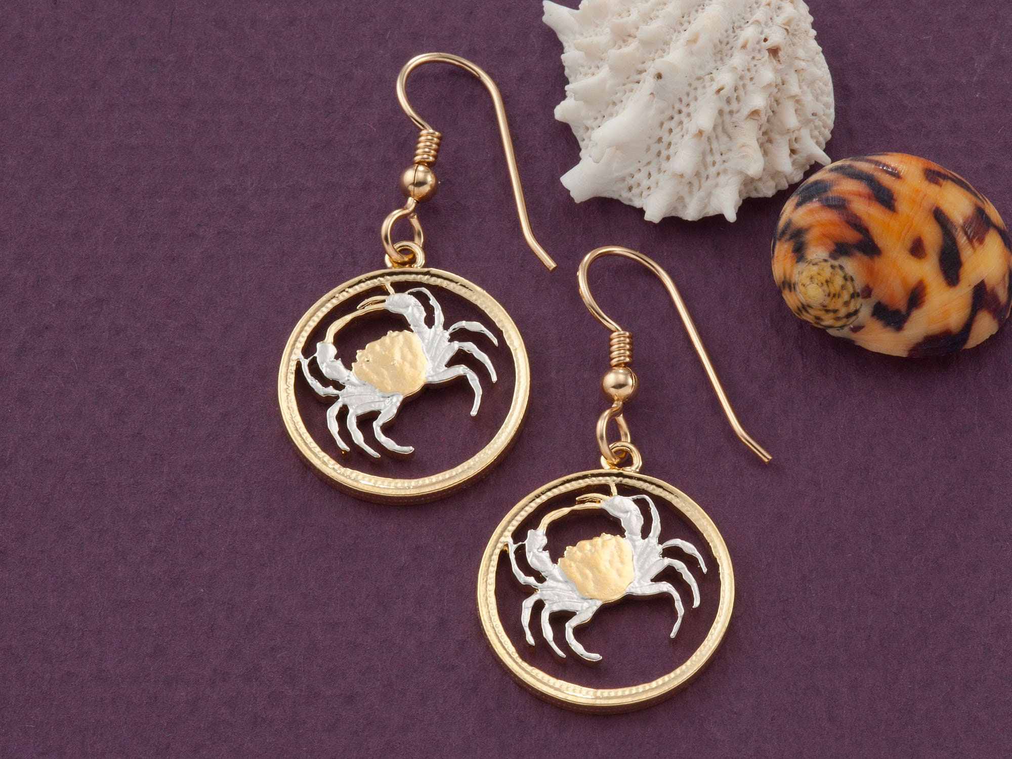 Blue Crab Earrings, Island of Malta, Hand Cut Coin, 3/4"in diameter, (# 840E)