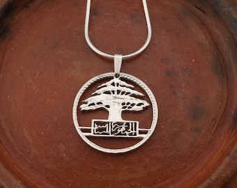 Hand Cut Sterling Silver Lebanese Cedar Tree Coin Pendant