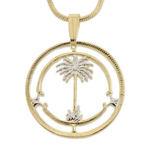 Palm Tre Pendant and Necklace, British West Africa Coin Hand Cut, 14 K Gold and Rhodium plated, 7/8&quot; in Diameter, ( #K 42 )