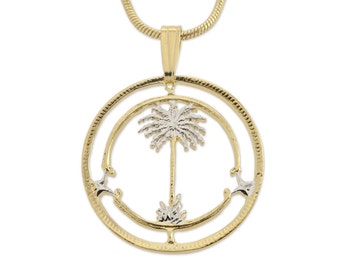Hand Cut British West Africa Coin Pendant: 14K Gold Plated Palm Tree Necklace