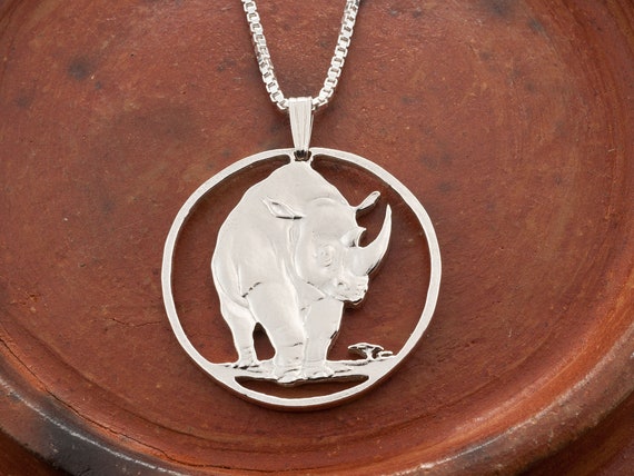 Rhinoceros Pendant, Rhinoceros Jewelry, Tanzania Jewelry, Coin Jewelry, Handmade Coin Jewelry, African Wildlife, (#X 377S