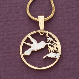 Pendentif et collier colibri, Trinidad un centime taillé à la main, (# K 298)