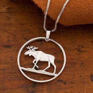 Silver Moose Pendant and Necklace, Hand cut Polish Moose Coin , Wild Life Jewelry, 1 1/4" diameter, ( # X 913s )