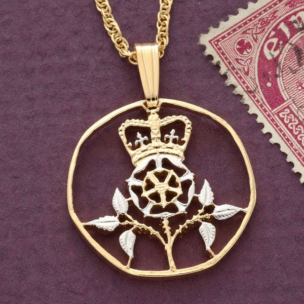 Great Britain Rose Pendant and Necklace, British 20 Pence coin Hand Cut, 14 Karat Gold and Rhodium Plated, 1" in Diameter, ( # R 131 )