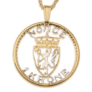 Norwegian Pendant and Necklace, Norway One Krone Coin hand Cut, 14 Karat Gold and Rhodium plated, 7/8&quot; in Diameter, ( #R 244 )