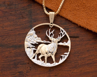 Elk Pendant & Necklace Wildlife Jewelry, Hand Cut Medallion plated in 14 Karat Gold and Rhodium, 1 1/4 &quot; in Diameter, ( # X 609 )