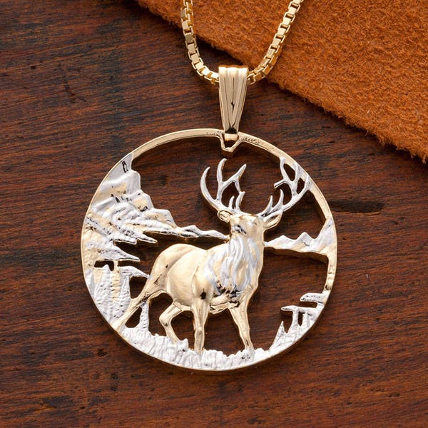 Elk Pendant & Necklace Wildlife Jewelry, Hand Cut Medallion plated in 14 Karat Gold and Rhodium, 1 1/4 " in Diameter, ( # X 609 )