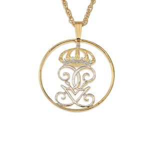 Swedish Crown Pendant and Necklace, Sweden Five Ore Crown Coin hand Cut, 14 Karat Gold and Rhodium plated, 1&quot; in Diameter, ( #R 284 )