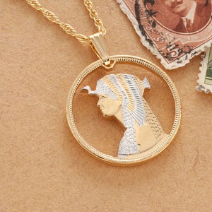 Egyptian Cleopatra Pendant and Necklace, Egyptian Cleopatra Coin Hand Cut, 14 Karat Gold and Rhodium Plated, 7/8&quot; in Diameter, ( #R 887 )