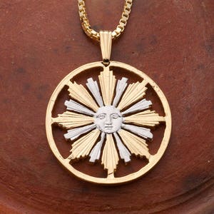 Sun Pendant and Necklace Jewelry, Uruguay 4 centavos Sun Coin hand Cut, 14 Karat Gold and Rhodium  Plated, 1&quot; in Diameter, ( #X 584 )