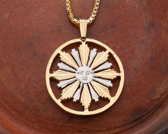 Sun Pendant and Necklace Jewelry, Uruguay 4 centavos Sun Coin hand Cut, 14 Karat Gold and Rhodium  Plated, 1&quot; in Diameter, ( #X 584 )