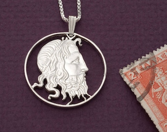 Sterling Silber Neptun Anhänger: Hand geschnittene griechische Münze, Mythologie Schmuck