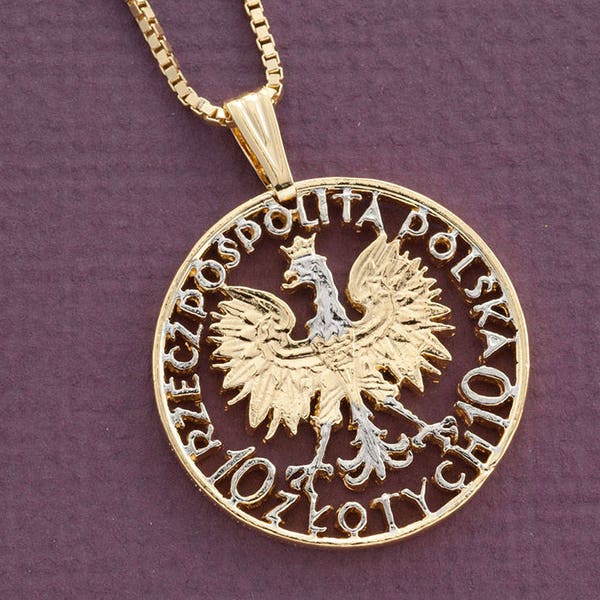 Polish Eagle Pendant and Necklace, Poland Ten Zloty Coin Hand Cut, 14 Karat Gold and Rhodium plated, 1 1/4" in Diameter, ( #X 748 )
