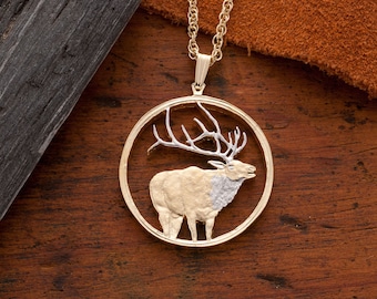 Collier à pendentif élan coupé à la main, plaqué or 14 carats, médaillon animalier (R 915)