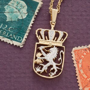 Netherlands Pendant and Necklace Jewelry, Netherlands 21/2 Guilder coin Hand cut,14 K Gold and Rhodium plated, 7/8&quot; in Diameter (#R 235B )