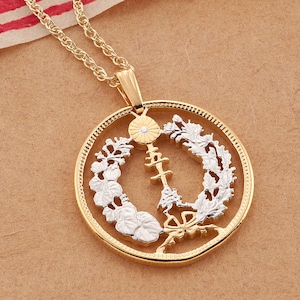 Japanese Coin Jewelry, Japanese Coin Pendant, Oriental Flower Jewelry, Japan Coin Jewelry, 1&quot; in diameter, (R 592D )