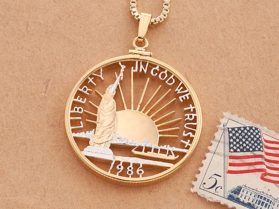 Hand Cut Ellis Island Pendant: 1986 US Half Dollar, Patriotic Jewelry