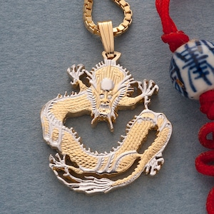 Chinese Dragon pendant and Necklace, Chinese Dragon Coin Hand Cut, 14 Karat Gold and Rhodium Plated, 1" in Diameter, ( #X 72 )