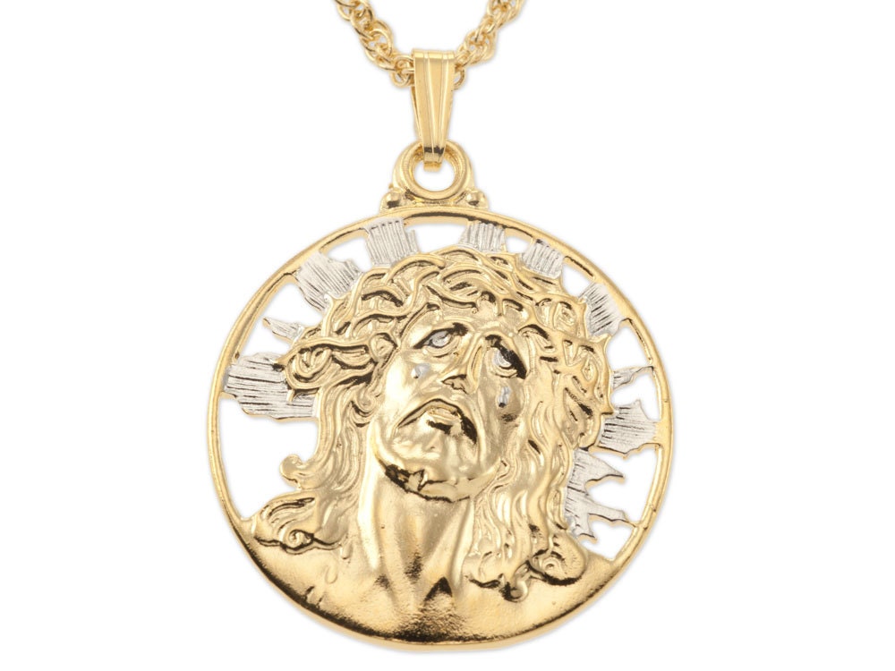 Jesus Pendant and Necklace Jewelry, Jesus Religious Medallion Hand cut, 14 Karat Gold and Rhodium Plated, 7/8 " in Diameter, ( #R 539 )