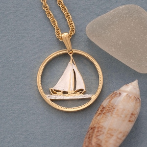 Sailboat Pendant and Necklace, Bahamian 25 Cents Sailboat Coin Hand Cut, 14 Karat Gold and Rhodium plated, 1&quot; in Diameter, ( # R 17 )