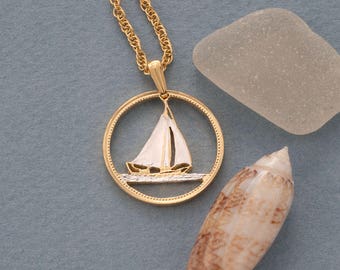 Sailboat Pendant and Necklace, Bahamian 25 Cents Sailboat Coin Hand Cut, 14 Karat Gold and Rhodium plated, 1" in Diameter, ( # R 17 )