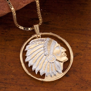 Indianer Häuptling Anhänger und Halskette, Militärische Herausforderung Münze handgeschnitten, 14 Karat vergoldet und rhodiniert, 1 1/8 &quot;Durchmesser, (#682)