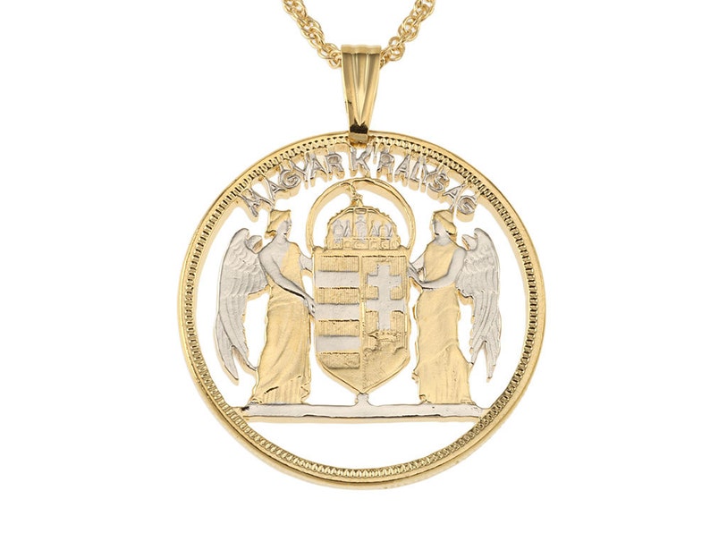 Hungarain Pendant and Necklace Hungarian 5 Pengo St Stevens Coin hand Cut # 807 14 Karat Gold and Rhodium Plated 1 38 in Diameter