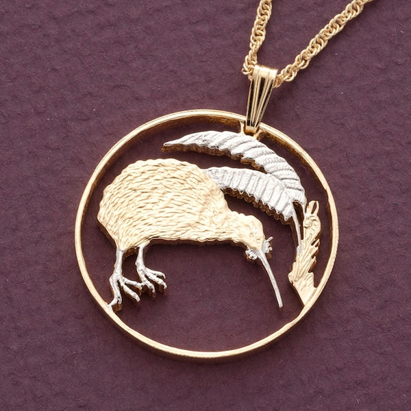 Kiwi Pendant and Necklace Jewelry, New Zealand 20 Cent Coin Hand cut, 14 karat Gold and Rhodium plated, 1" in Diameter, ( # R238 )