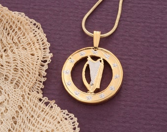 Hand Cut Irish Harp Coin Pendant: 14k Gold Plated Ireland Necklace