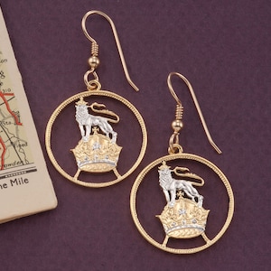 Hand Cut British Lion Coin Earrings: 14k Gold Filled Wires