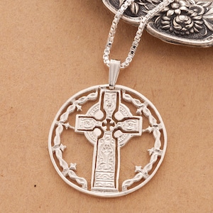 Sterling Silver Celtic Cross Pendant, Hand Cut Cross Medallion, 1 1/8&quot;in Diameter, ( #X 776S )