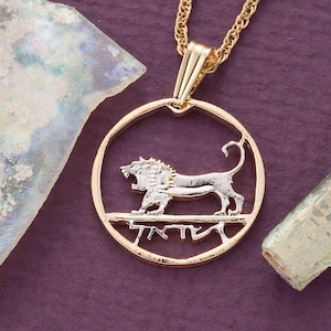 Israel Lion Of King David Pendant and Necklace, Israel Coin Hand cut, 14 Karat Gold and Rhodium Plated, 3/4&quot; in Diameter, ( #R 190 )