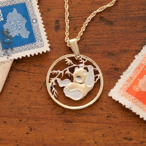 Chinese Panda Bear Pendant and Necklace, Chinese 10 Yuan Panda Coin Hand Cut, 14 K Gold and Rhodium plated, 5/8&quot; in Diameter, ( #R 62 )