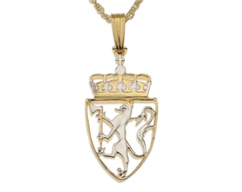 Norway Lion Pendant and Necklace, Norwegian Five Kroner Coin Hand Cut, 14K Gold and Rhodium Plated, ( #R 242 )