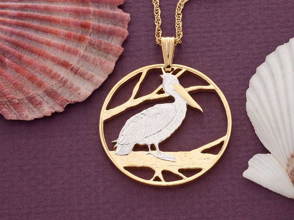 Pelican Pendant & Necklace, Hand cut from a Coin from Zambia. ( #R 839 )