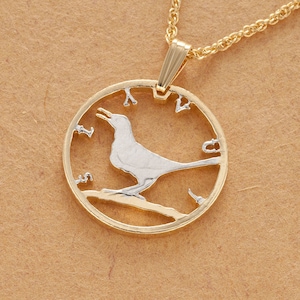 Croatia Nightingale Coin Pendant and Necklace, Croatia Coin Hand Cut, 14 Karat Gold and Rhodium Plated, 1&quot; in Diameter ( #R 865 )