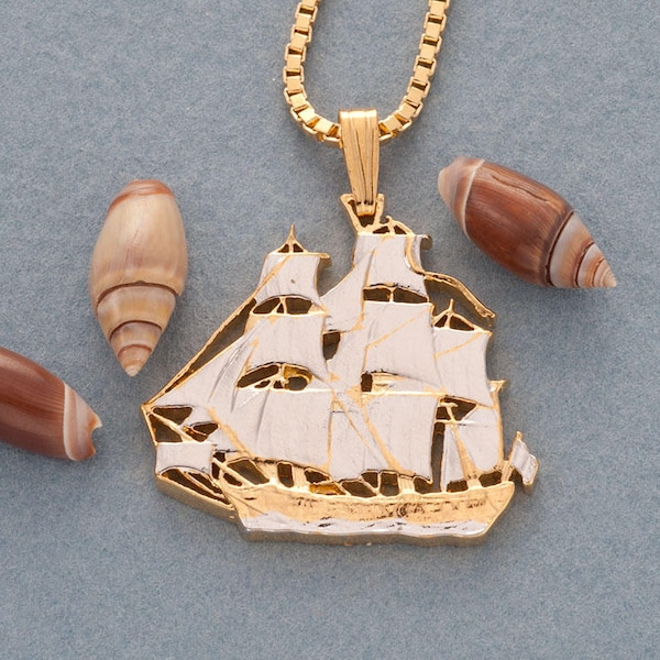 PENDENTIF et collier USS Constitution, médaillon des États-Unis coupé à la main, plaqué or et rhodium 14 carats, 1 » de diamètre, ( #X 440 )