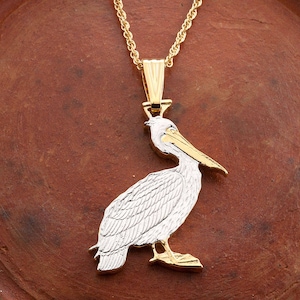 Brown Pelican Pendant and Necklace, Zambia Pelican Coin Hand Cut, 14 Karat Gold and Rhodium Plated, 1 1/8&quot; in Diameter, ( #R 839B )