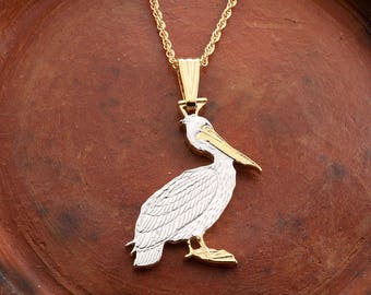 Brown Pelican Pendant and Necklace, Zambia Pelican Coin Hand Cut, 14 Karat Gold and Rhodium Plated, 1 1/8" in Diameter, ( #R 839B )