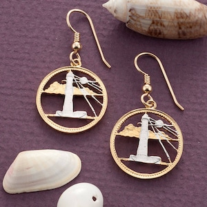 Lighthouse Earrings, Barbados Five Cents Lighthouse Coin Hand Cut, 14 Karat Gold and Rhodium Plated , ( # 26E )