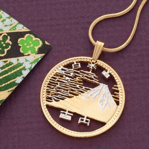 Mount Fuji Coin Pendant: Hand-Cut Japanese 100 Yen, 14K Gold Plated